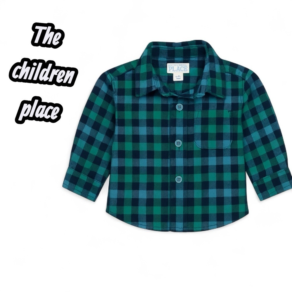 Cozy flannel button-up shirt from The Children’s Place, size 6–9 months.